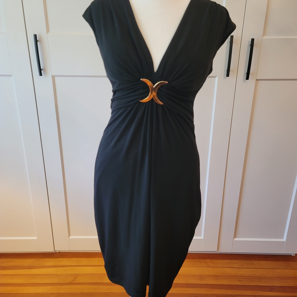 Cache Black and Gold Ruched Sheath Midi Dress